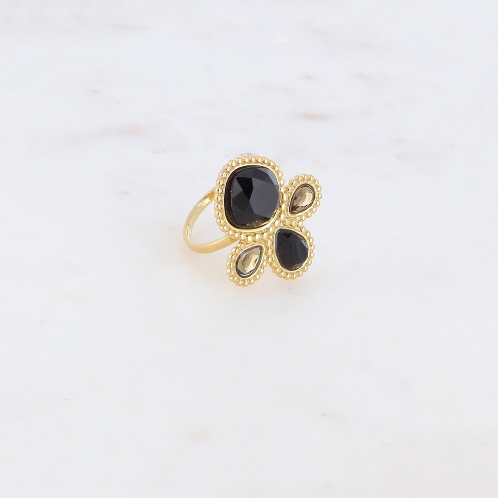 Bague fine réglable avec 4 pâtes de verres - Noir