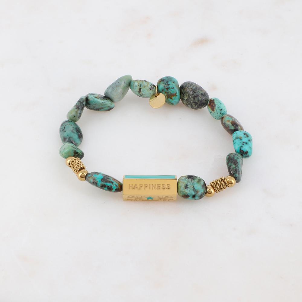 Bracelet élastique avec pierres naturelles, boules, chaînes torsadées, pièce géométrique en 5 faces - Turquoise africaine