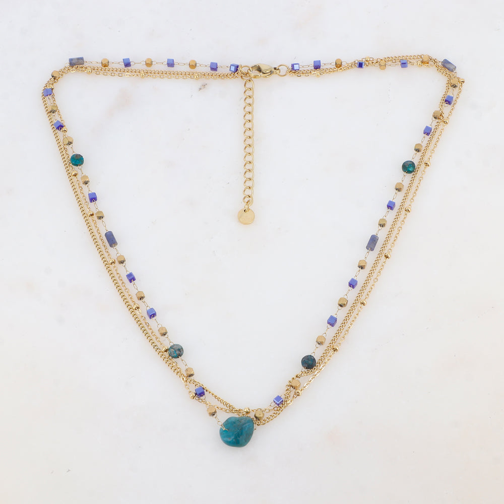 Collier 3 rangs avec pâtes de verre et pierres naturelles agate verte (40+5CM)