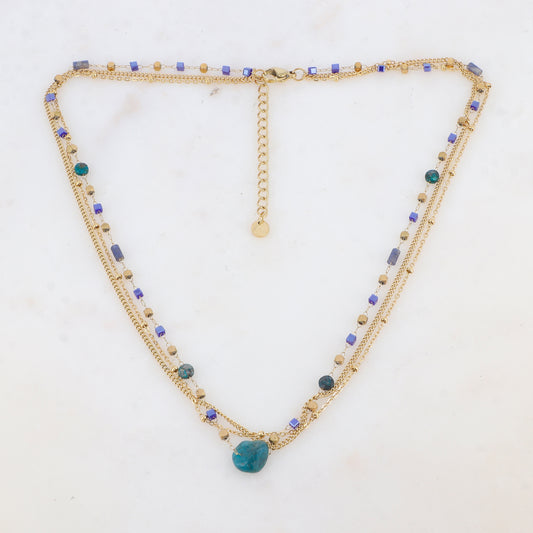 Collier 3 rangs avec pâtes de verre et pierres naturelles agate verte (40+5CM)