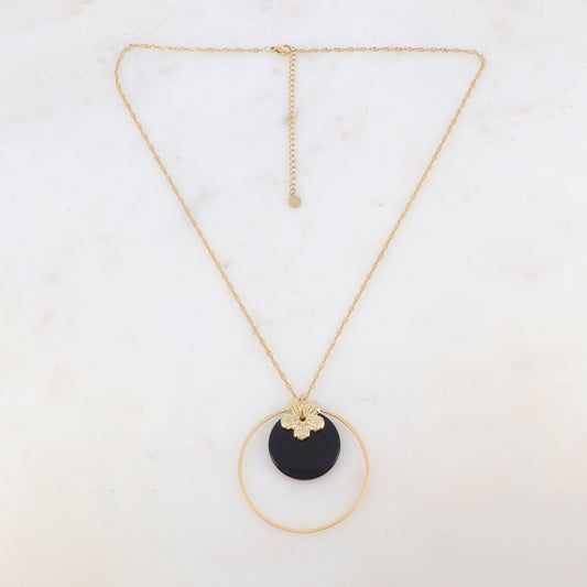 Collier avec anneau, fleur et pierre naturelle ronde (50+7CM)