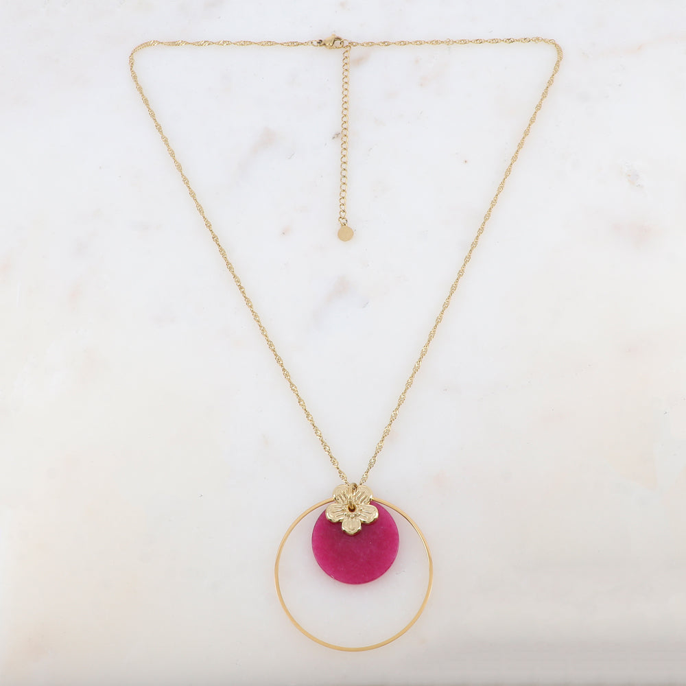 Collier avec anneau, fleur et pierre naturelle ronde (50+7CM)