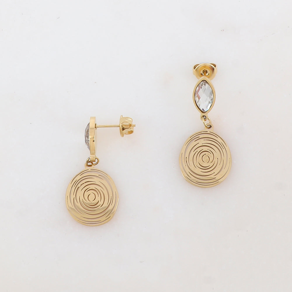 B.O à puce avec cristal ovale et pendant rond effet tourbillon 1,4 x 3,2 cm.