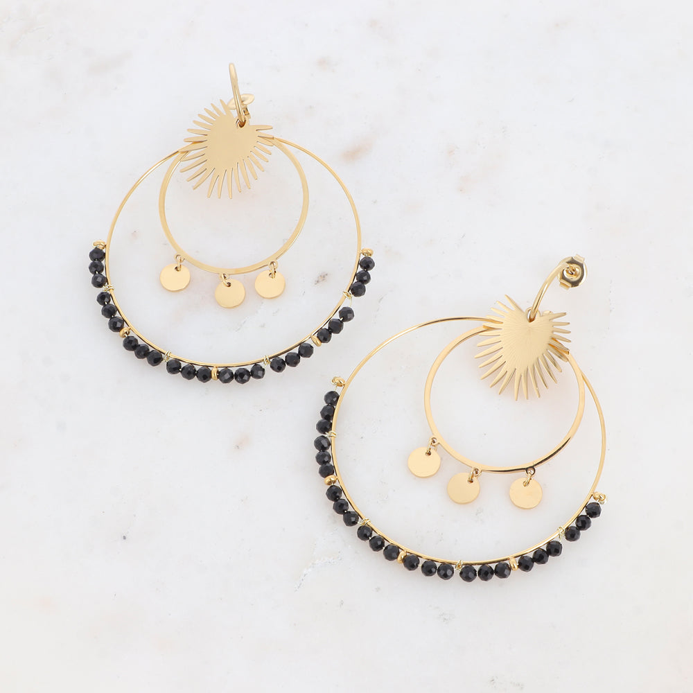 Boucles d'oreilles doubles cercles, demi-soleil, pampilles et pierres naturelles