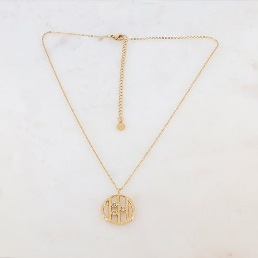 Collier doré avec pendentif rond et strass blancs 38+7 cm