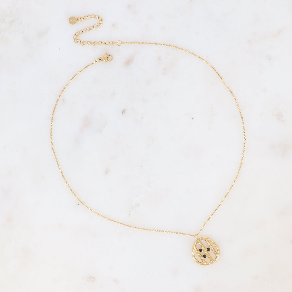 Collier doré avec pendentif rond et strass noirs 38+7 cm