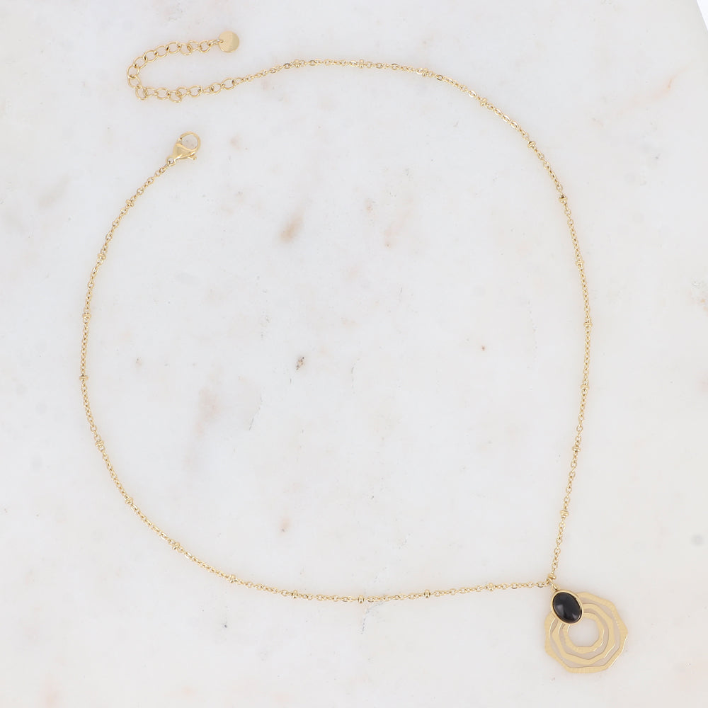 Collier doré avec pendentif aux formes géométriques et pierre naturelle noires 38+5 cm