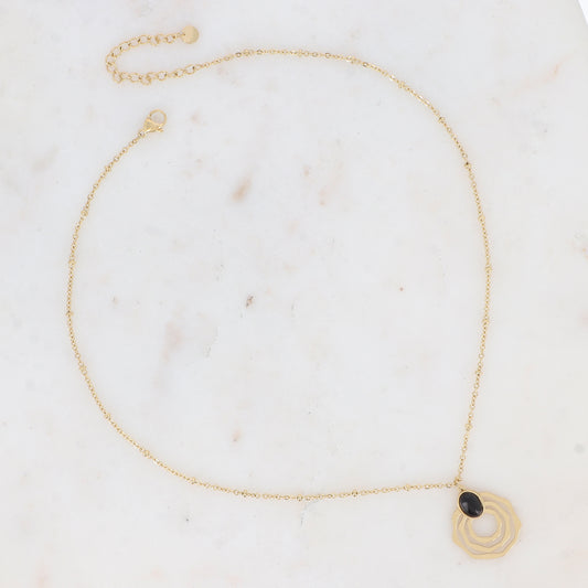 Collier doré avec pendentif aux formes géométriques et pierre naturelle noires 38+5 cm