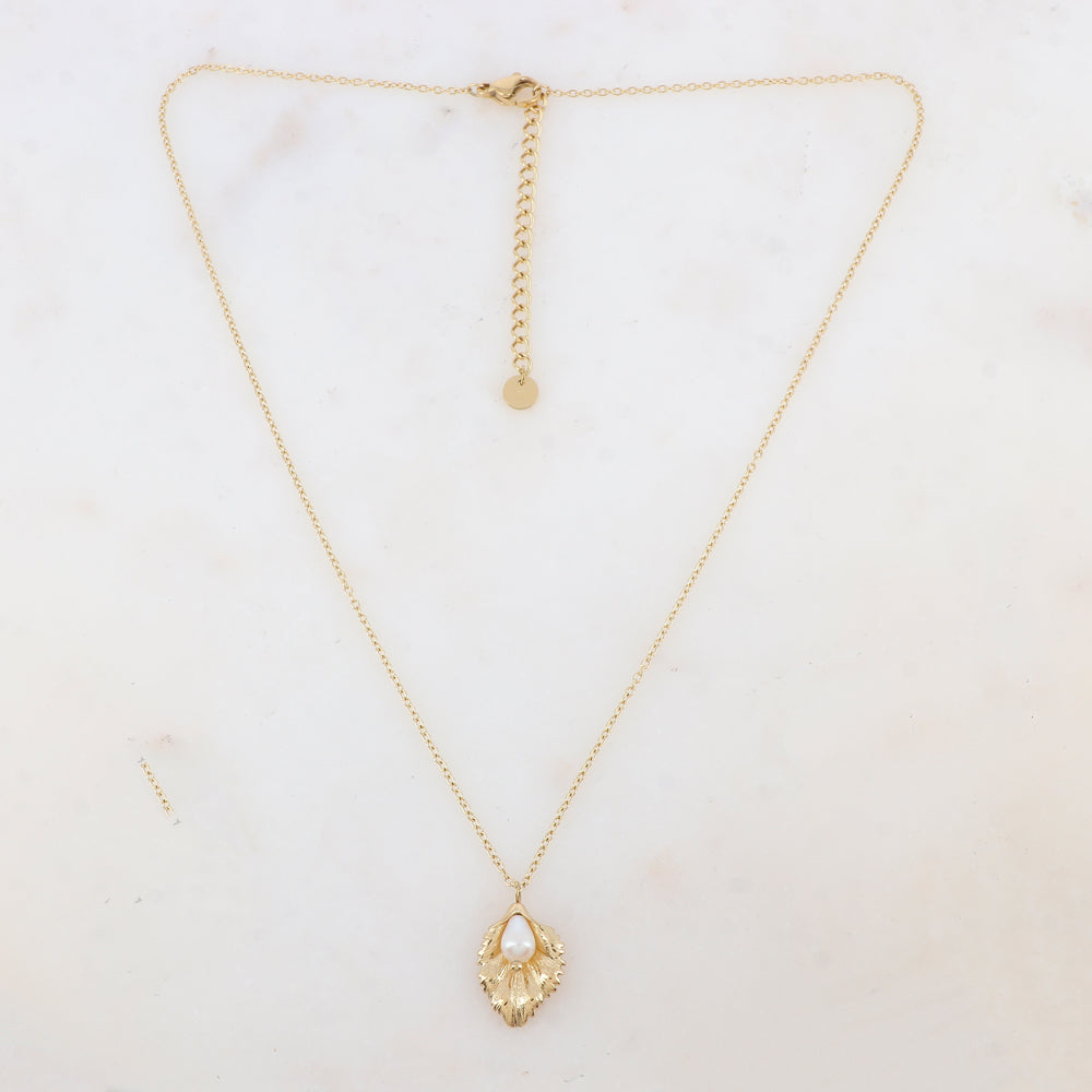 Collier avec pendentif feuille et perle d'eau douce (40+5CM)