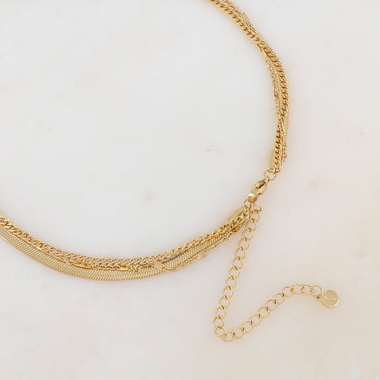 Collier 3 rangs avec maille, pendentif feuillage et nacre blanche (38/44/55+7CM)