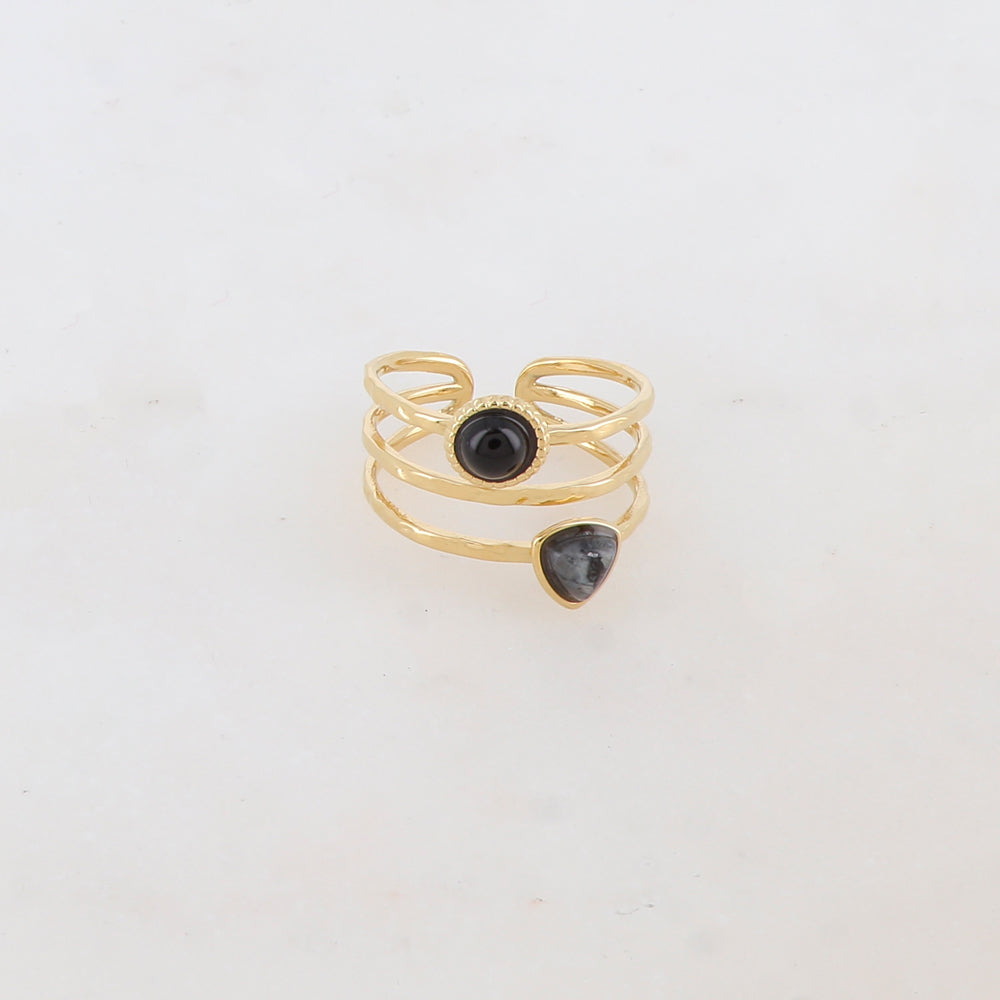 Bague 3 rangs sertie de 2 pierres naturelles : triangle et ronde
