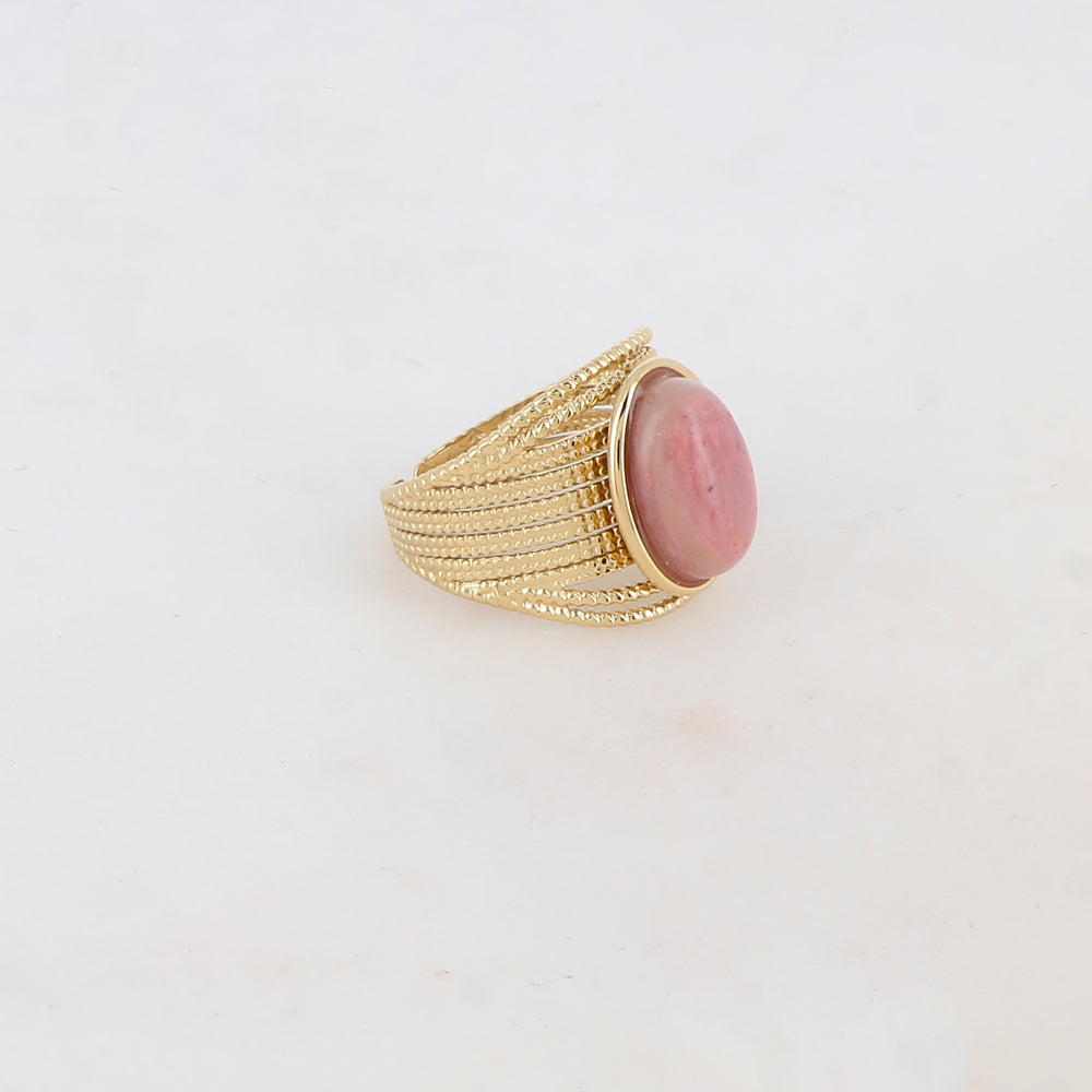 Bague multirangs avec pierre naturelle ovale - Rhodonite