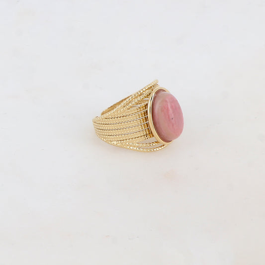 Bague multirangs avec pierre naturelle ovale - Rhodonite