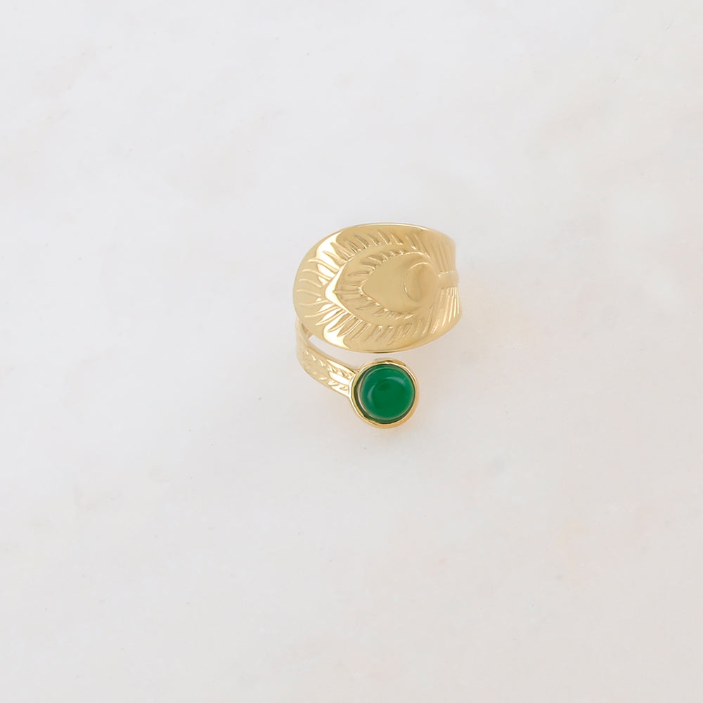 Bague texturée ornée d'une pierre naturelle ronde - Jade vert