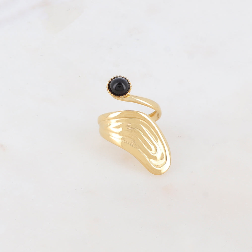 Bague lisse avec rainure, pierre naturelle ronde - Onyx