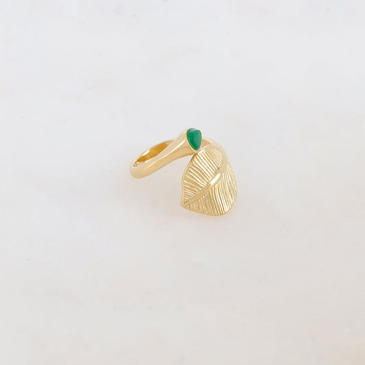 Bague fine avec feuille et pierre naturelle - Jade vert