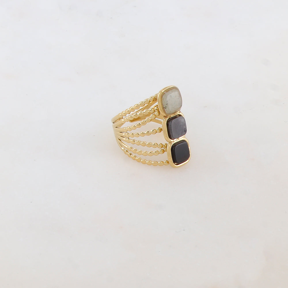 Bague multi-rangs style semainier avec 3 pierres naturelles carrées