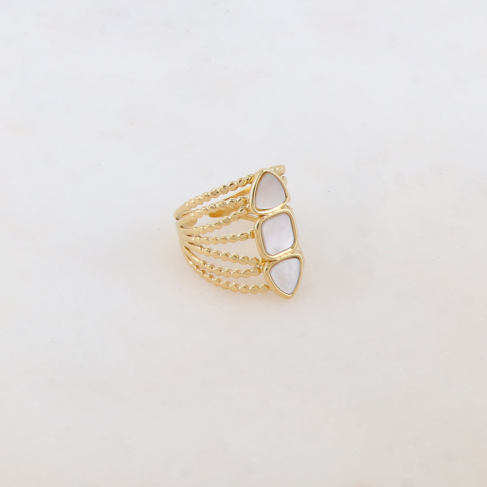 Bague multi-rangs style semainier avec 3 nacres rondes : 2 triangles et 1 carrée