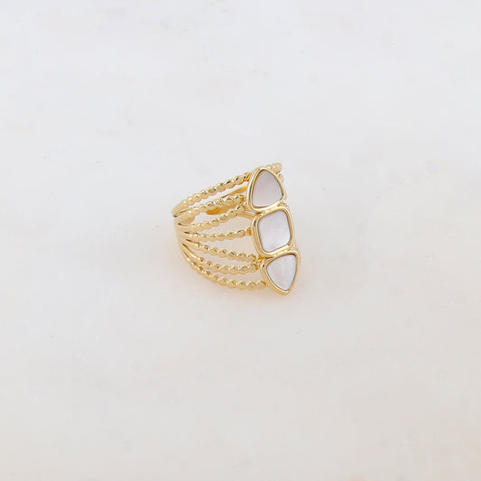Bague multi-rangs style semainier avec 3 nacres rondes : 2 triangles et 1 carrée