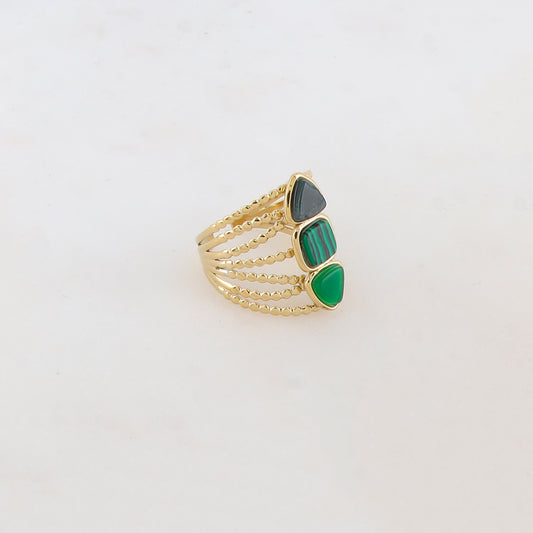 Bague multi-rangs style semainier avec 3 pierres naturelles rondes : 2 triangles et 1 carrée