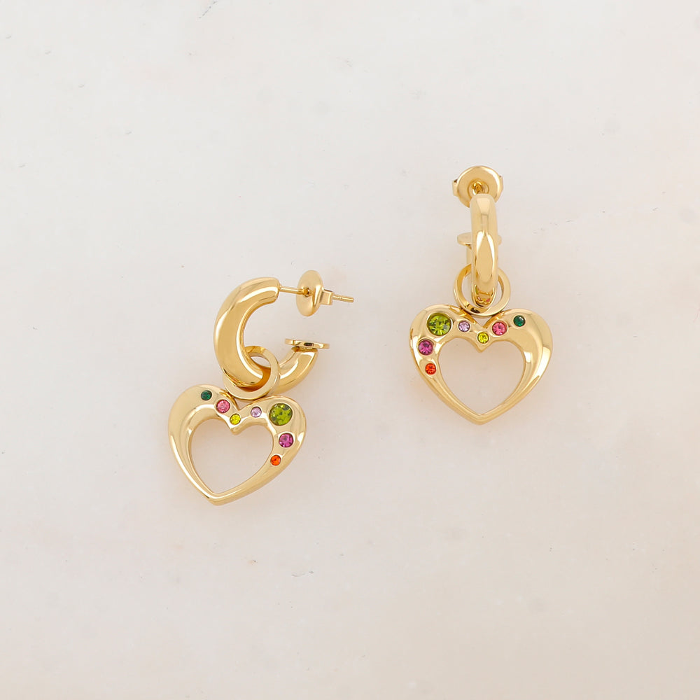 Créoles à puce avec pendant cœur orné de strass 1,8 x 3 cm.