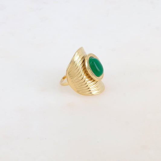 Bague avec rainures et pierre naturelle ovale - Jade vert