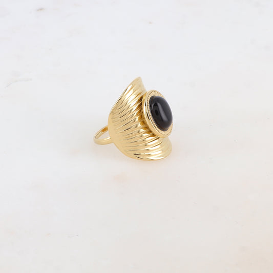 Bague avec rainures et pierre naturelle ovale - Onyx