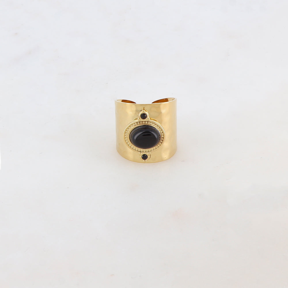 Bague épaisse avec deux strass et une pierre naturelle ovale - Onyx