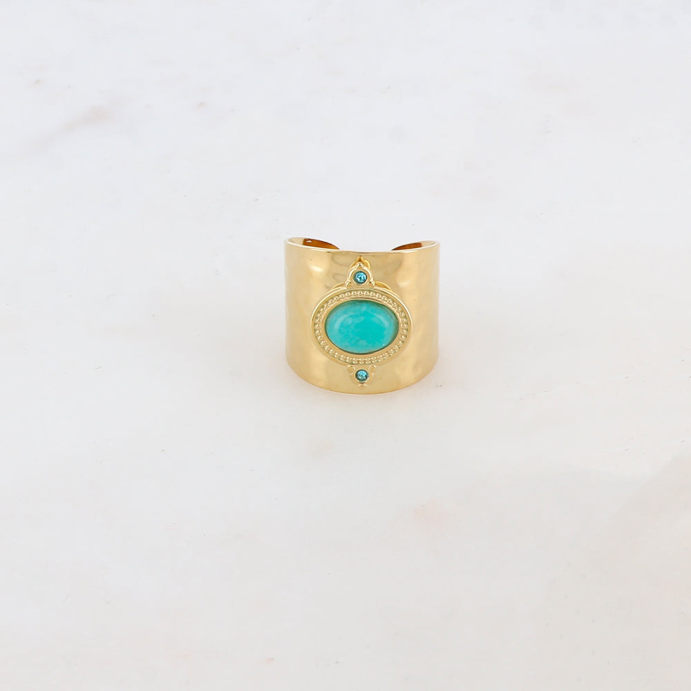 Bague épaisse avec deux strass et une pierre naturelle ovale - Amazonite