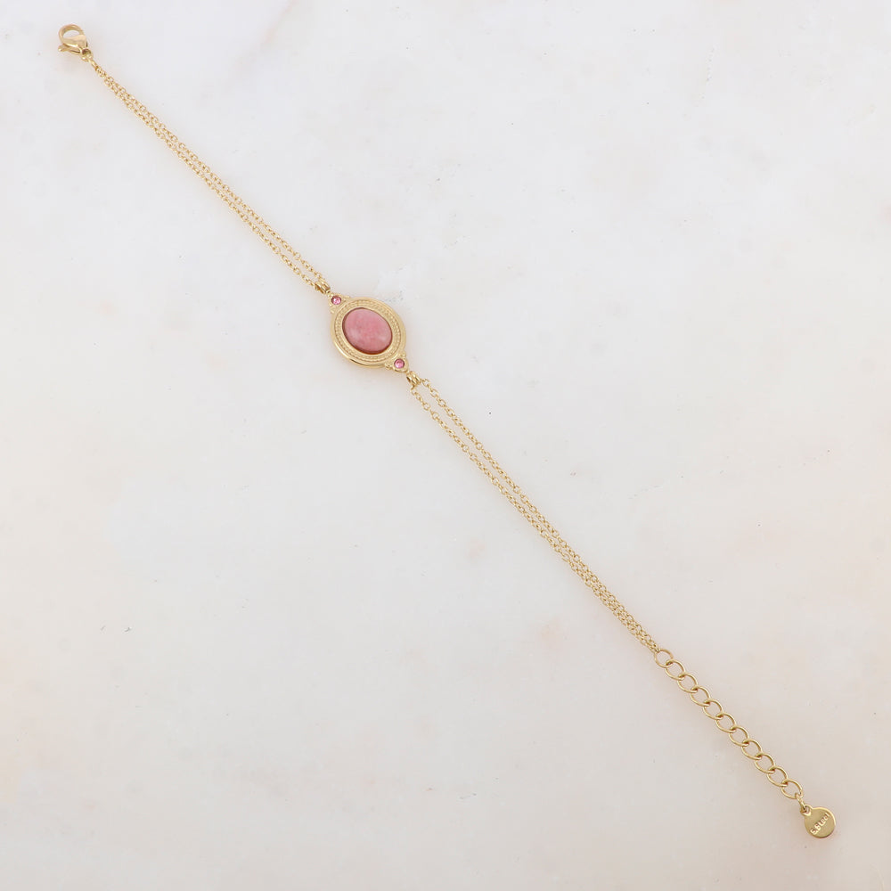 Bracelet deux rangs avec pièce ovale sertie de deux strass et d'une pierre naturelle
