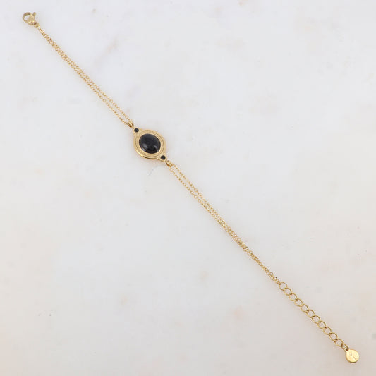 Bracelet deux rangs avec pièce ovale sertie de deux strass et d'une pierre naturelle