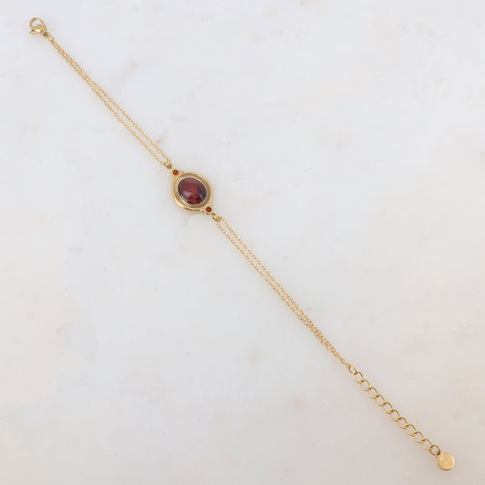 Bracelet deux rangs avec pièce ovale sertie de deux strass et d'une pierre naturelle