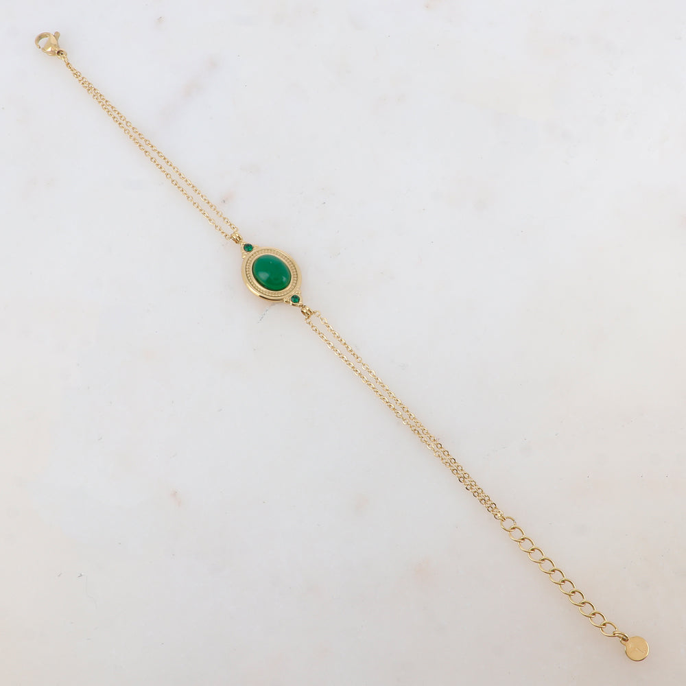 Bracelet deux rangs avec pièce ovale sertie de deux strass et d'une pierre naturelle