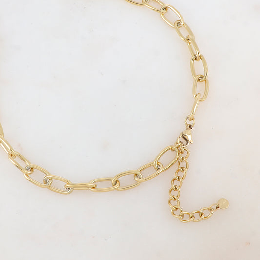 Collier en grosse maille avec pendentif cœur ajouré, pierre naturelle et strass (45+5CM)
