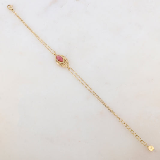 Bracelet deux rangs avec pièce ajourée, pierre naturelle