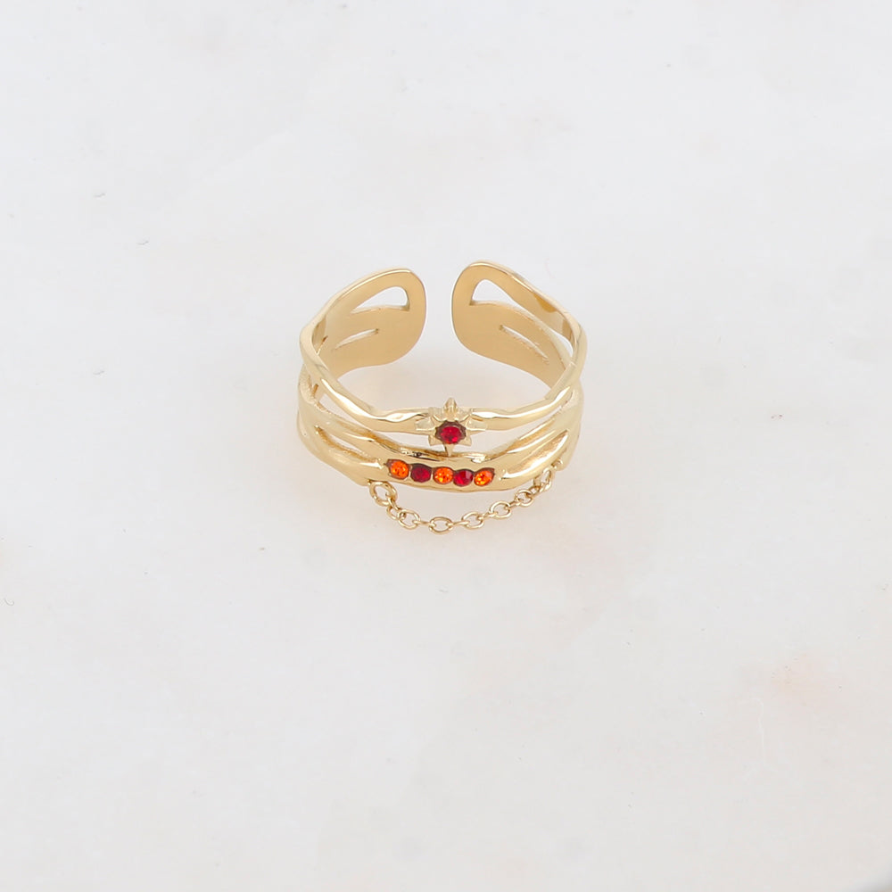 Bague 4 rangs avec chaîne, étoile et 5 strass
