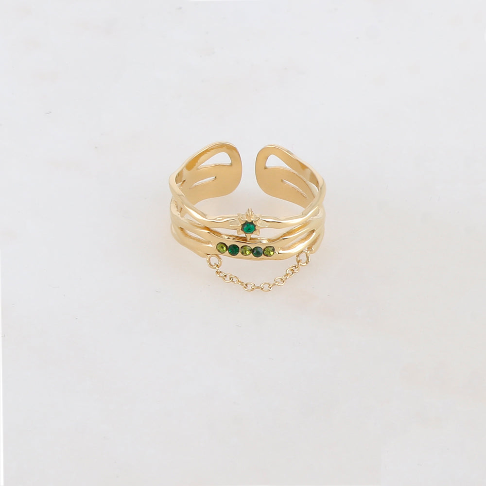 Bague 4 rangs avec chaîne, étoile et 5 strass