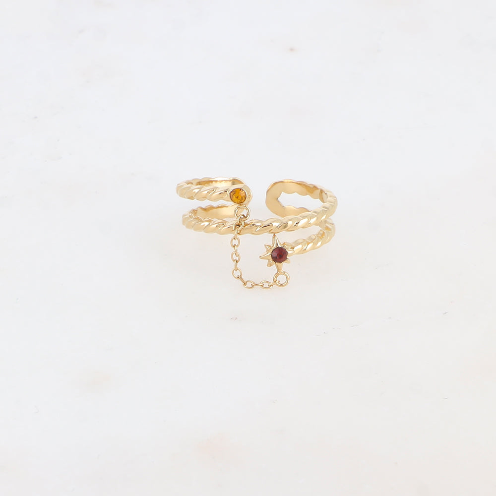Bague 2 rangs effet torsadé avec chaîne, étoile et 2 strass