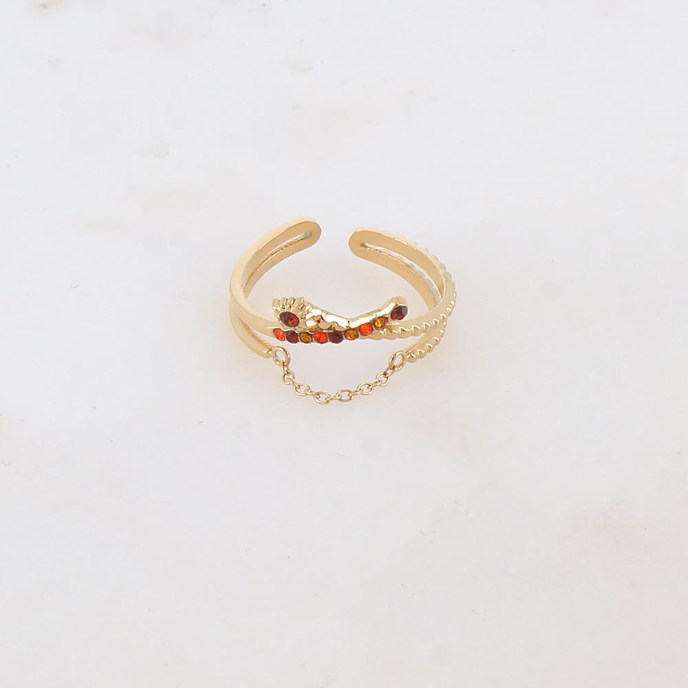 Bague 2 rangs effet torsadé avec chaîne, étoile et 2 strass