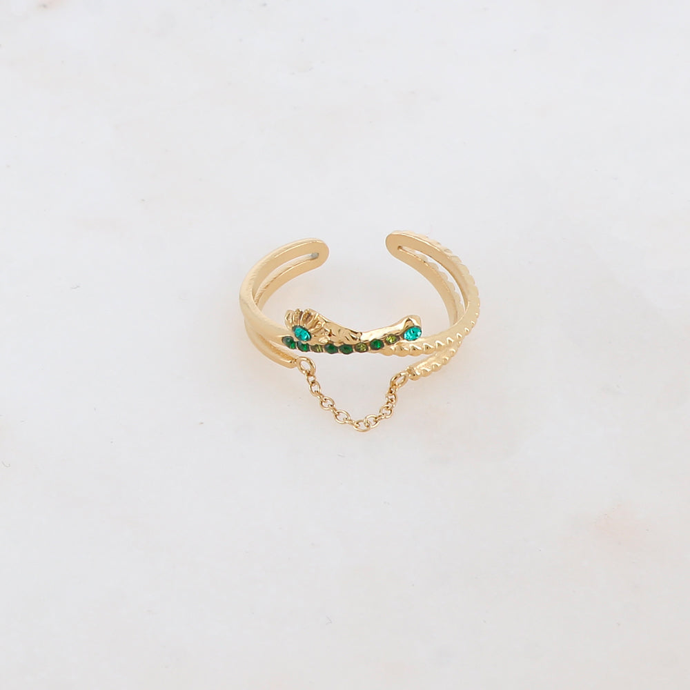 Bague 2 rangs effet torsadé avec chaîne, étoile et 2 strass