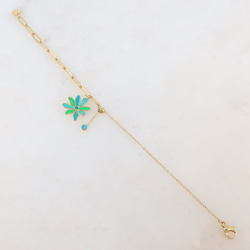 Bracelet avec maille, petite boule, fleur émaillée et strass