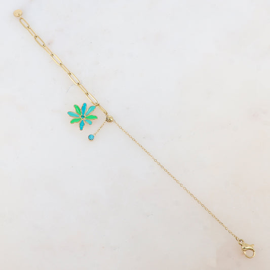 Bracelet avec maille, petite boule, fleur émaillée et strass