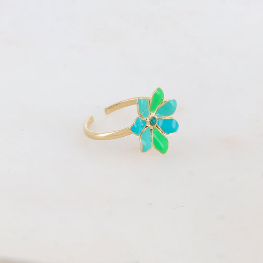 Bague ajustable avec fleur émaillée et strass - Turquoise