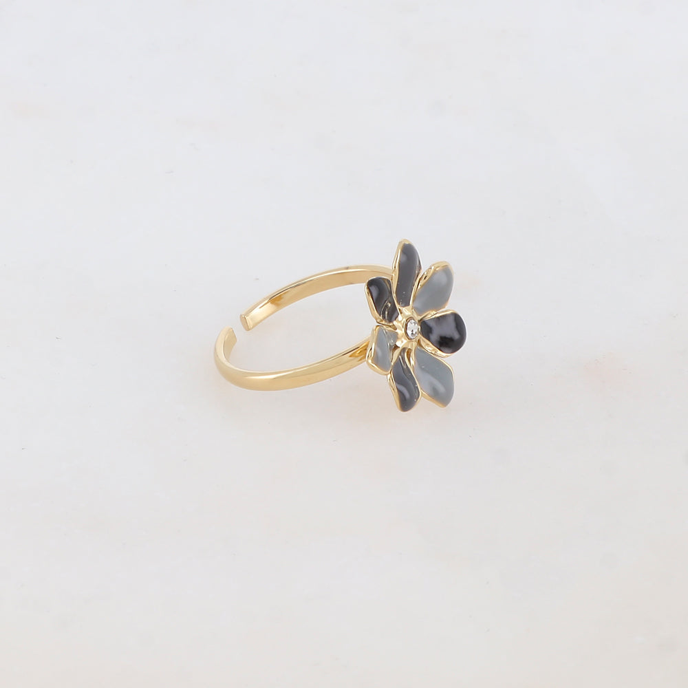 Bague ajustable avec fleur émaillée et strass - Noir