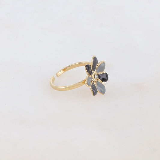 Bague ajustable avec fleur émaillée et strass - Noir