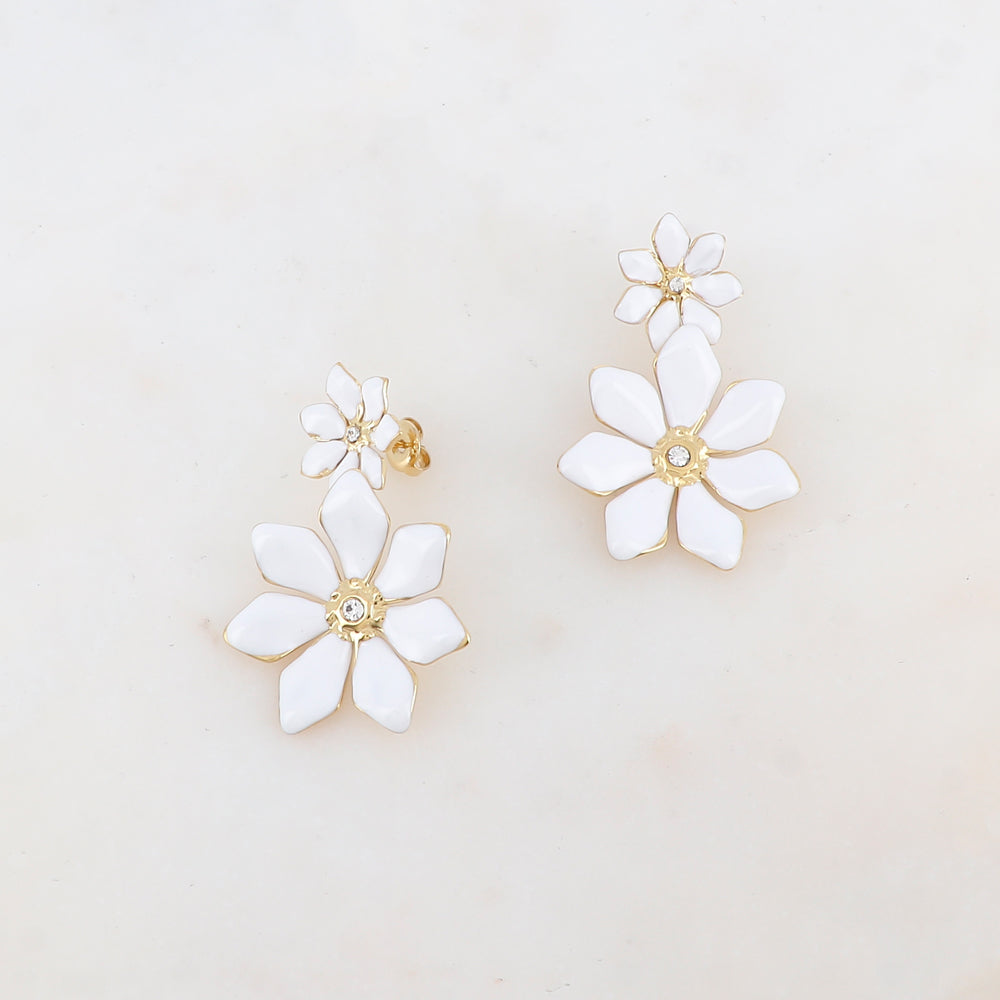 B.O à puce avec 2 fleurs émaillées et 2 strass 2,8 x 4,5 cm.