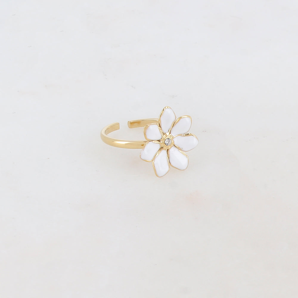 Bague ajustable avec fleur émaillée et strass - Blanc