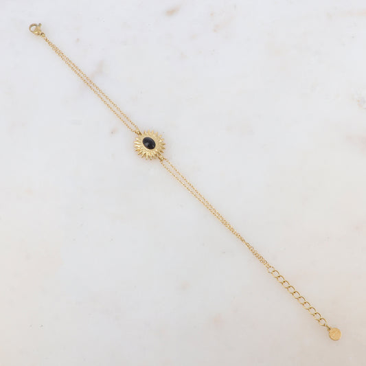 Bracelet 2 rangs avec pièce en forme de feuillage, pierre naturelle