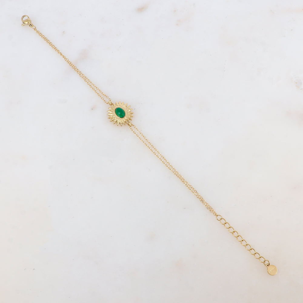 Bracelet 2 rangs avec pièce en forme de feuillage, pierre naturelle