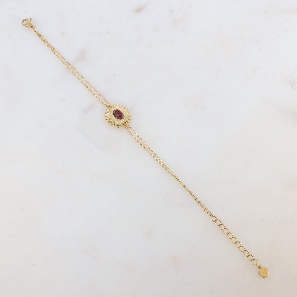 Bracelet 2 rangs avec pièce en forme de feuillage, pierre naturelle